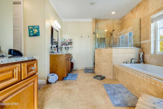 bathroom with tile patterned flooring, plus walk in shower, vanity, and crown molding