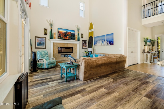 living room featuring wood-type flooring, a high ceiling, and a fireplace