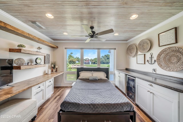 bedroom featuring wine cooler, crown molding, light hardwood / wood-style flooring, wooden ceiling, and ceiling fan