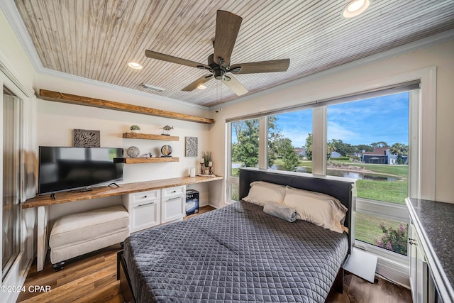 bedroom with crown molding, built in desk, wooden ceiling, and dark hardwood / wood-style floors