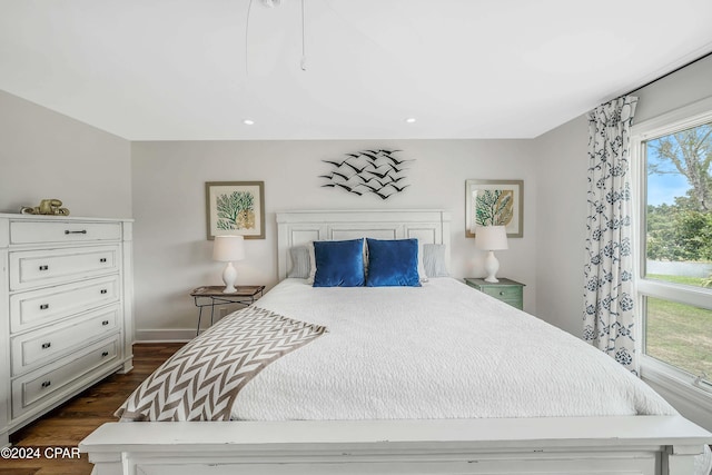 bedroom with dark hardwood / wood-style floors