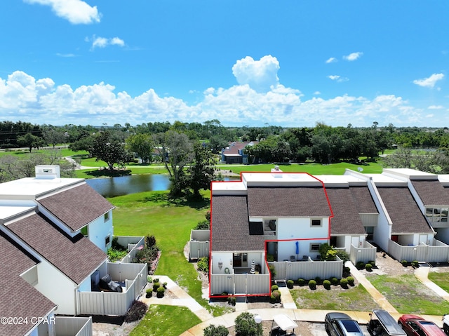 drone / aerial view with a water view