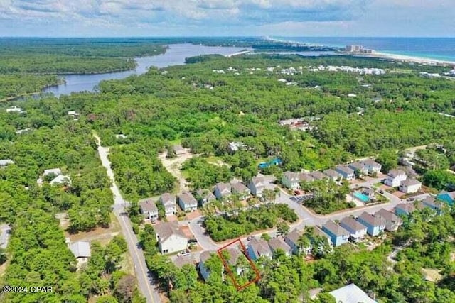 bird's eye view featuring a forest view and a water view