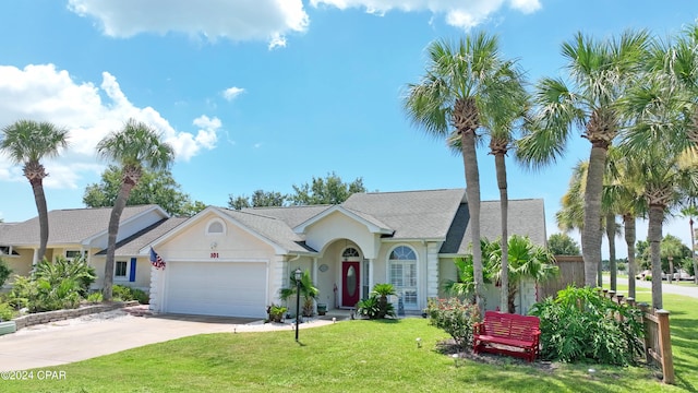 view of front of house featuring a front yard and a garage