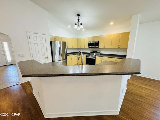 kitchen featuring appliances with stainless steel finishes, dark wood-type flooring, dark countertops, and a sink