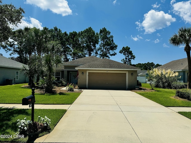 single story home featuring an attached garage, a shingled roof, driveway, stucco siding, and a front lawn