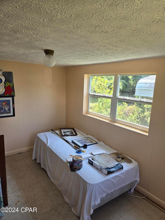 bedroom featuring multiple windows and a textured ceiling