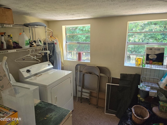 washroom featuring washing machine and clothes dryer, carpet, a textured ceiling, and plenty of natural light