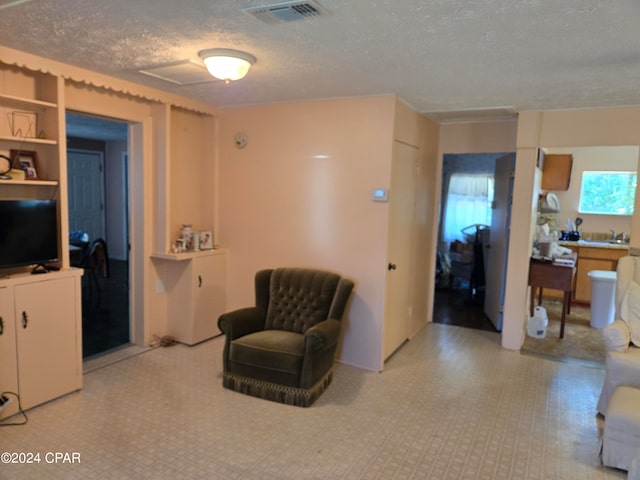 living area featuring a textured ceiling