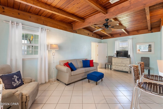 tiled living room featuring wood ceiling, ceiling fan, and beamed ceiling