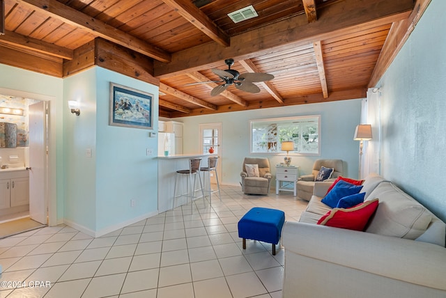 living room with light tile patterned flooring, beam ceiling, wood ceiling, and ceiling fan