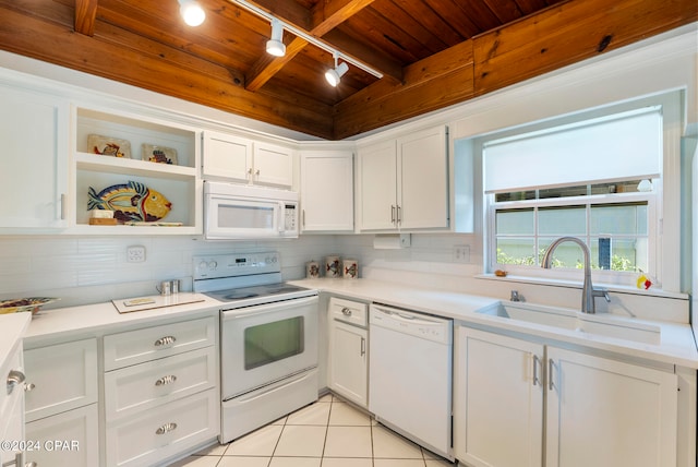 kitchen with decorative backsplash, sink, white cabinets, white appliances, and wooden ceiling