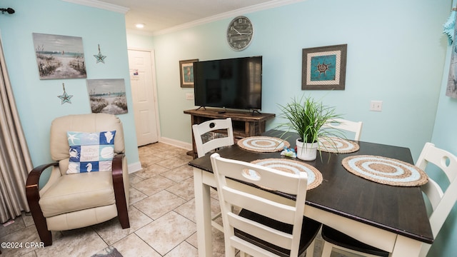 tiled dining room with crown molding