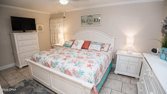 tiled bedroom with ceiling fan and ornamental molding