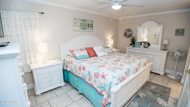 bedroom with crown molding, light tile patterned floors, and ceiling fan