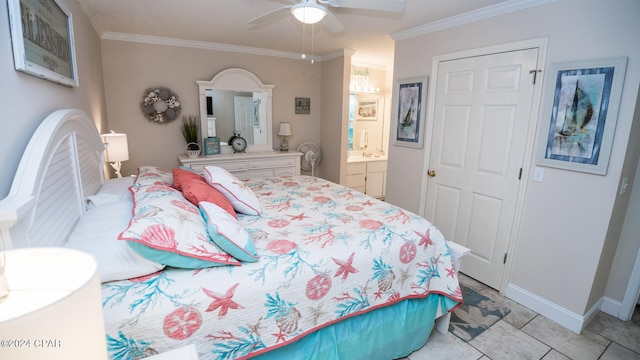 tiled bedroom with ceiling fan, ensuite bathroom, and crown molding