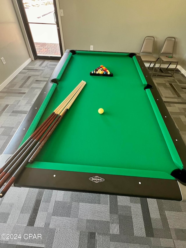 game room featuring pool table and carpet flooring