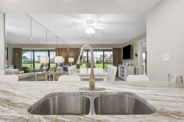 interior space with light stone countertops, sink, and ceiling fan