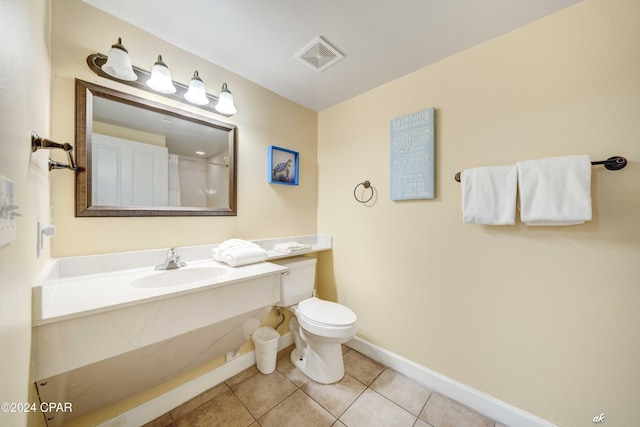full bathroom featuring baseboards, tile patterned flooring, toilet, visible vents, and a sink
