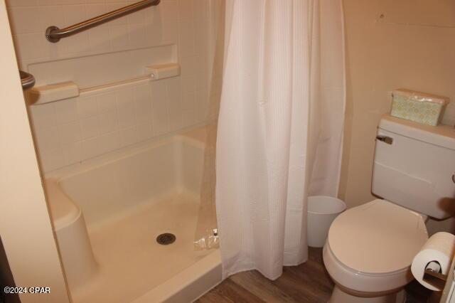 bathroom featuring walk in shower, toilet, and hardwood / wood-style flooring