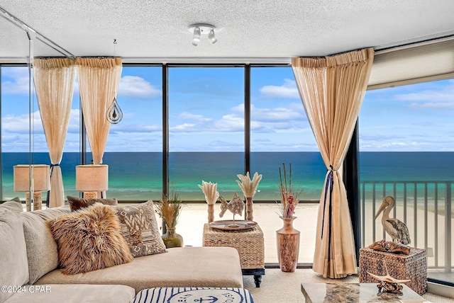 carpeted living room with a textured ceiling, a water view, a beach view, and a baseboard heating unit