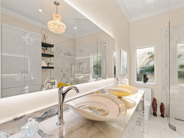 full bathroom featuring double vanity, a marble finish shower, ornamental molding, marble finish floor, and recessed lighting