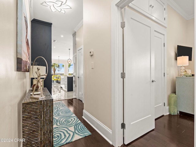 corridor featuring ornamental molding and dark hardwood / wood-style floors