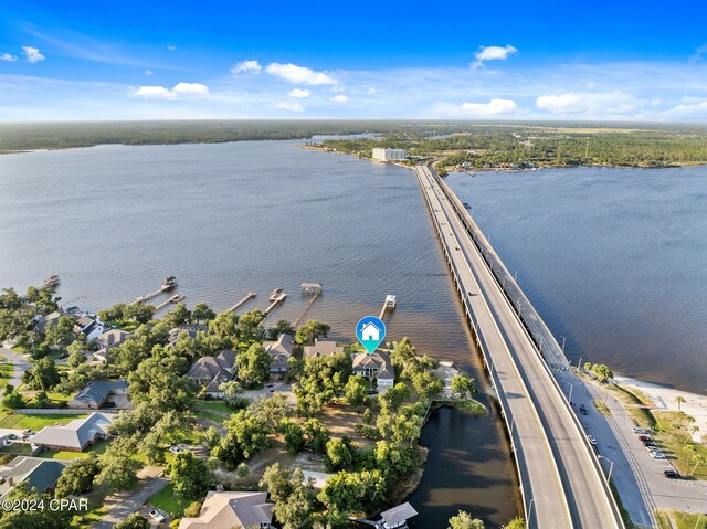 bird's eye view with a water view