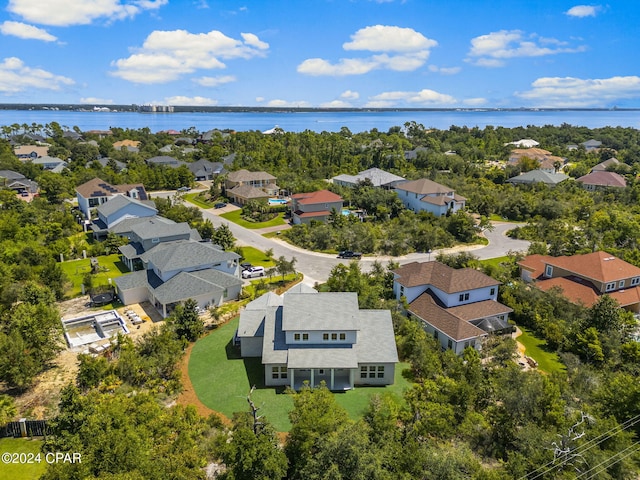 drone / aerial view featuring a water view