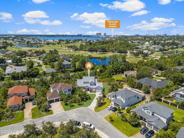 bird's eye view with a water view