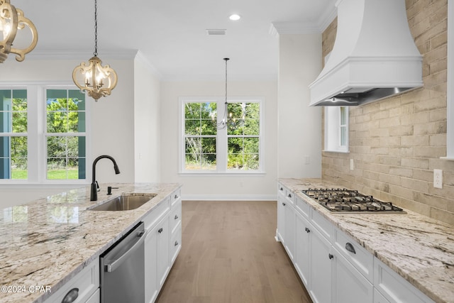 kitchen with custom exhaust hood, stainless steel appliances, sink, and a healthy amount of sunlight