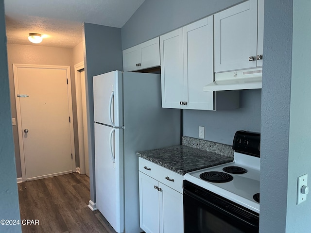 kitchen with white cabinetry, dark hardwood / wood-style floors, and white appliances