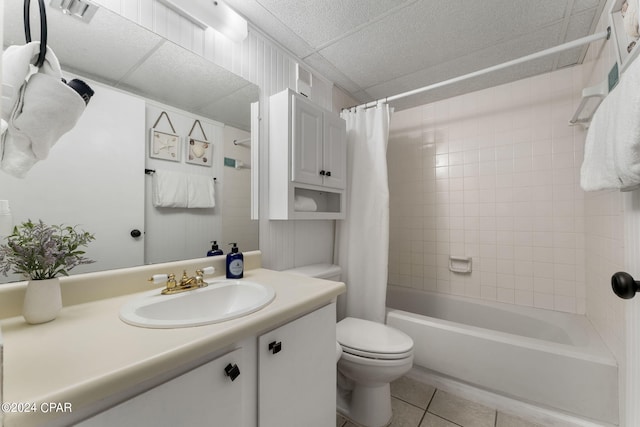 bathroom with shower / bath combination with curtain, visible vents, toilet, vanity, and tile patterned flooring