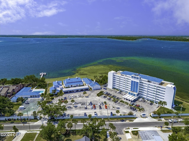 drone / aerial view with a water view