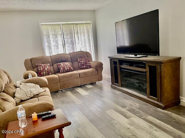 living room with a textured ceiling and light hardwood / wood-style floors