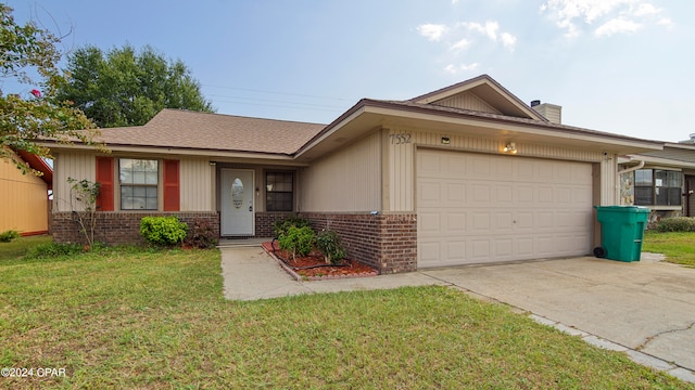 ranch-style home featuring a garage and a front yard