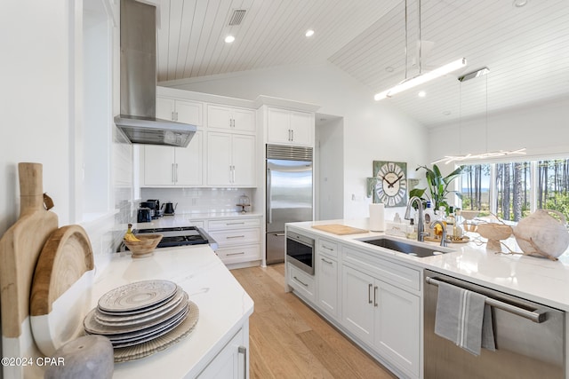 kitchen featuring light hardwood / wood-style floors, decorative backsplash, sink, exhaust hood, and built in appliances