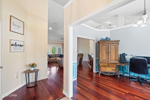 office area featuring dark hardwood / wood-style flooring and a notable chandelier