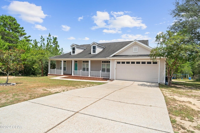 view of front of house featuring a front yard, a porch, and a garage