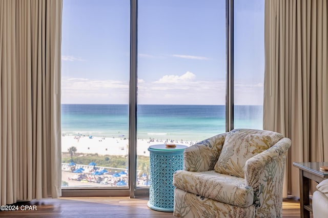 sitting room featuring a healthy amount of sunlight, a water view, and a beach view