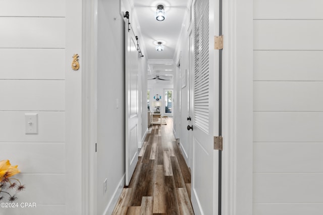 hall featuring dark wood-type flooring and a barn door