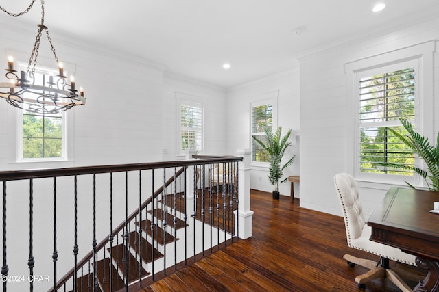 office area featuring a notable chandelier, ornamental molding, and dark wood-type flooring