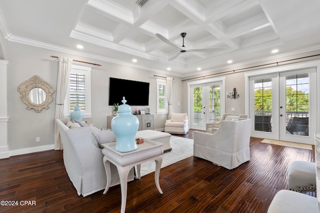 living room with ceiling fan, beam ceiling, french doors, dark hardwood / wood-style floors, and crown molding