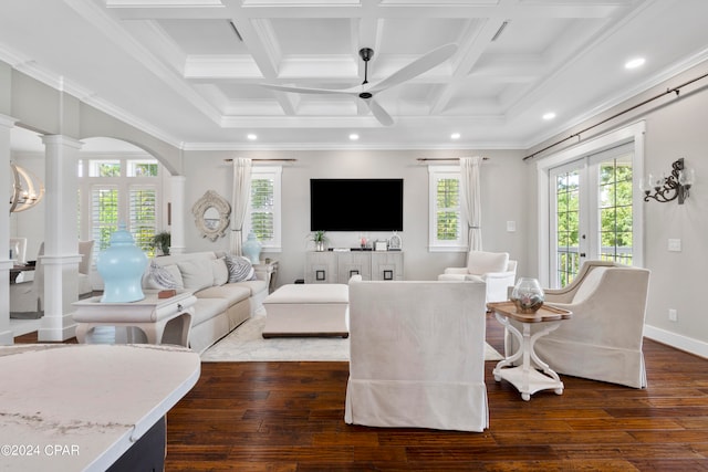 living room featuring french doors, dark hardwood / wood-style floors, and a wealth of natural light