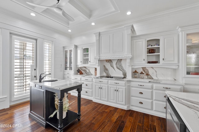 kitchen featuring decorative backsplash, dark hardwood / wood-style floors, light stone counters, and white cabinets