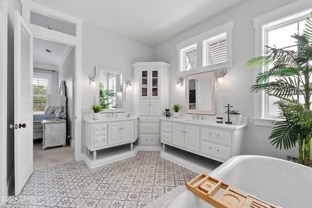 bathroom featuring vanity and a washtub