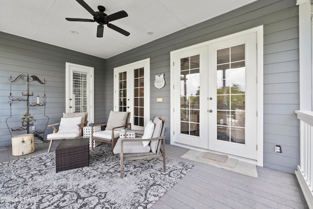 wooden terrace with french doors and ceiling fan