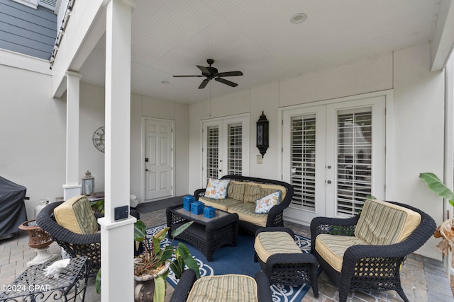 view of patio featuring ceiling fan, outdoor lounge area, and french doors