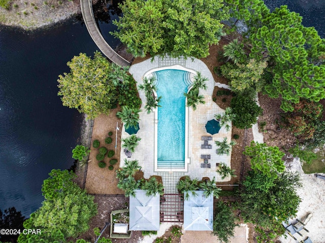 aerial view featuring a water view