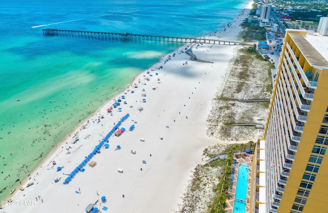 aerial view with a view of the beach and a water view